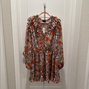 NWT Anthropologie Current Air Orange and Brown Floral Ruffle Mini Dress XL